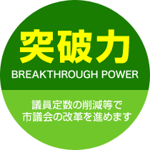 突破力-議員定数の削減等で市議会の改革を進めます